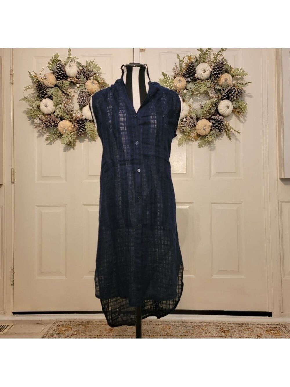 Eileen Fisher XS Linen Sleeveless Tunic Navy Lightweight Layering Dress - Picture 2 of 11